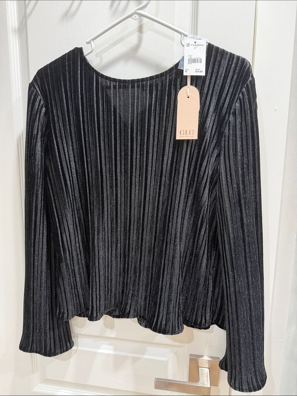 Good Luck Gem Black Shimmer Pleated Long-Sleeve Top